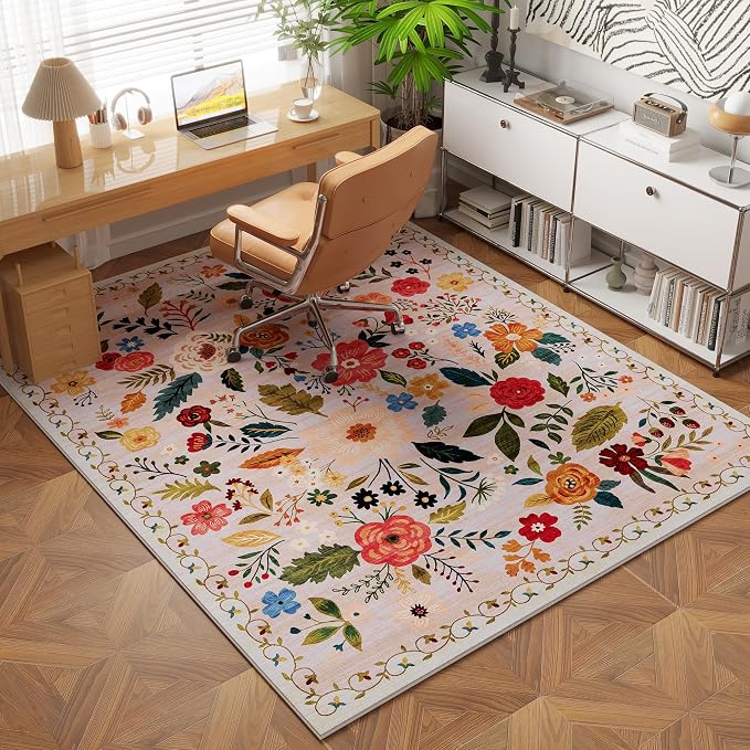 Rugcomf Area Rug 4x6 Rug Washable Boho Rugs Non Slip Low Pile Floral Small