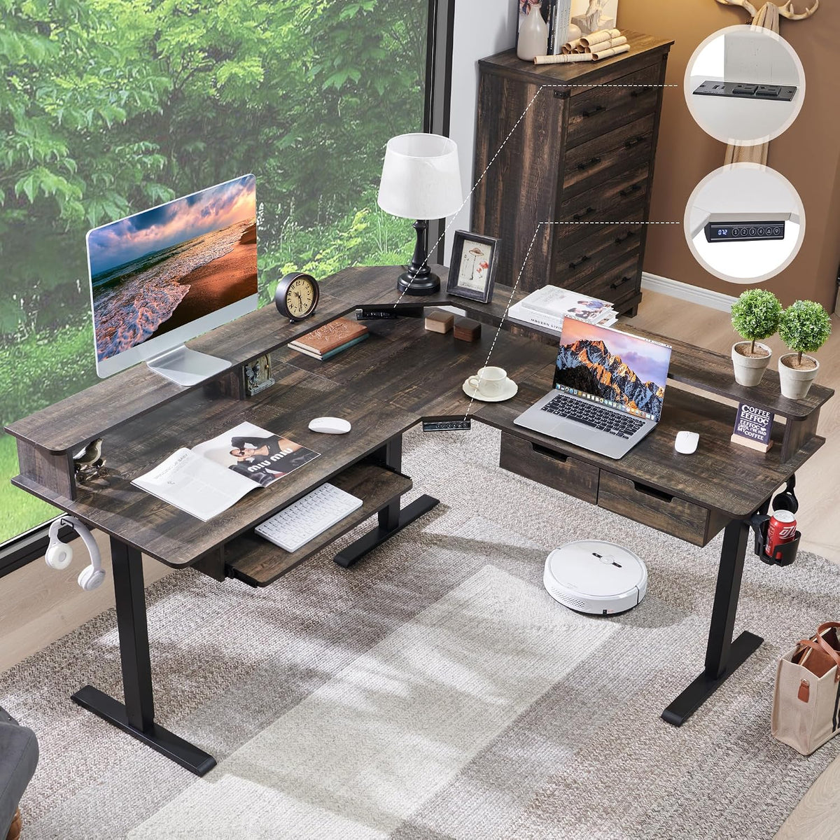 RedLemon 60 Inches L Shaped Electric Standing Desk, Dark Rustic Oak