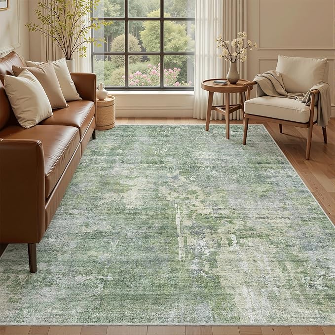 Soalmost Abstract Rug 5x7 Machine Washable Area Indoor Green Low Pile Non-Slip