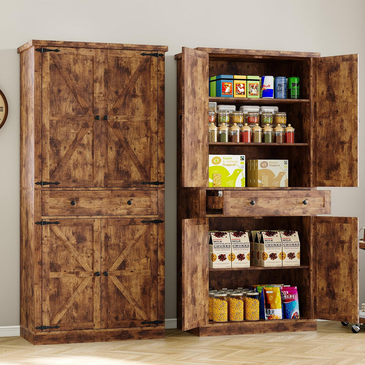 BORNOON Pantry Organizers and Storage Cabinet, 67.71” Barn Door Kitchen Cabinet with Drawers and Adjustable Shelf, Tall Pantry for Kitchen, Dining Room, Living Room