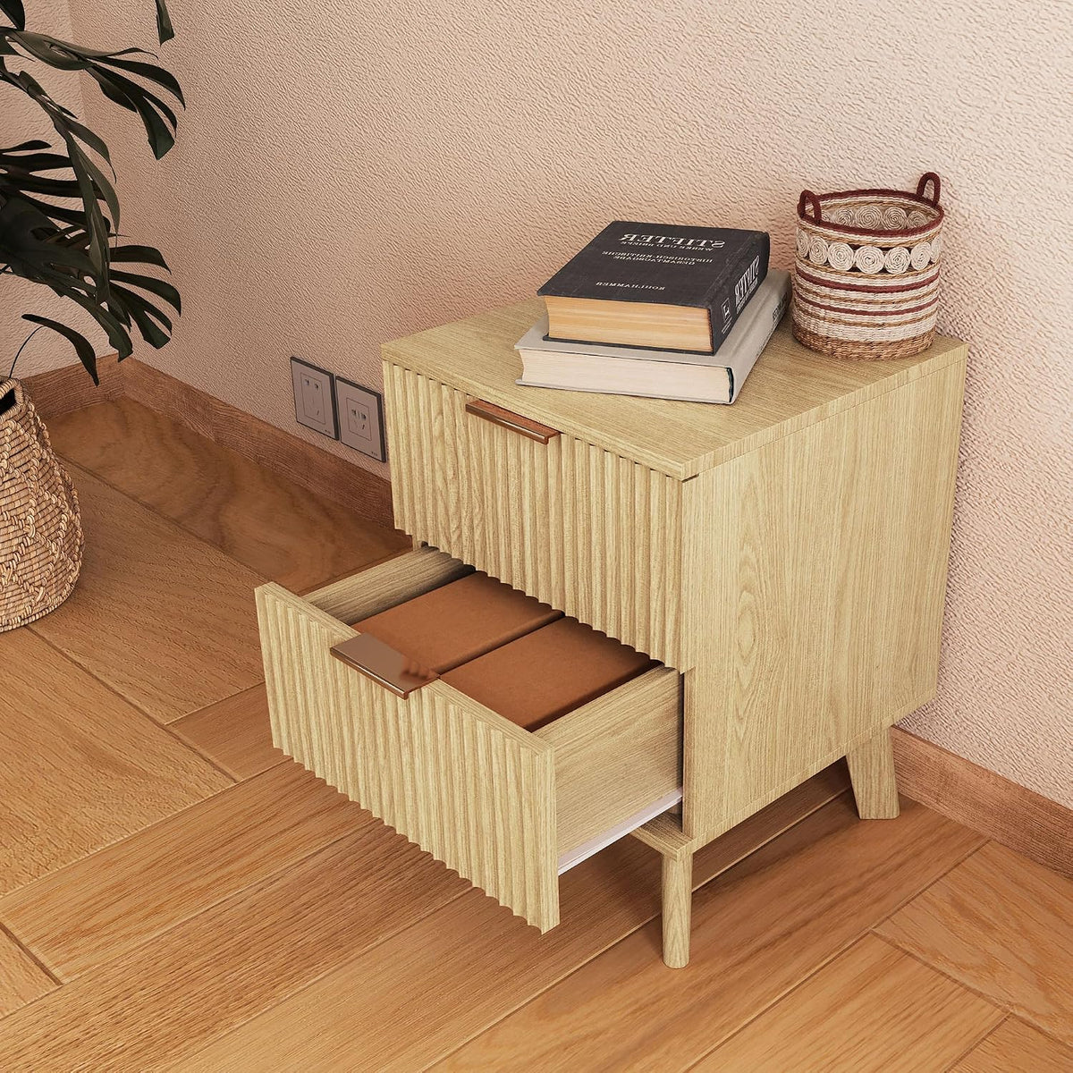 XUZENEST Fluted Nightstand, Mid Century Modern 2 Drawer Bedside Table for Bedroom, Small Dresser Night Stand Side End Table with Wood Fluted Drawer Storage for Bedroom Closet(Natural)