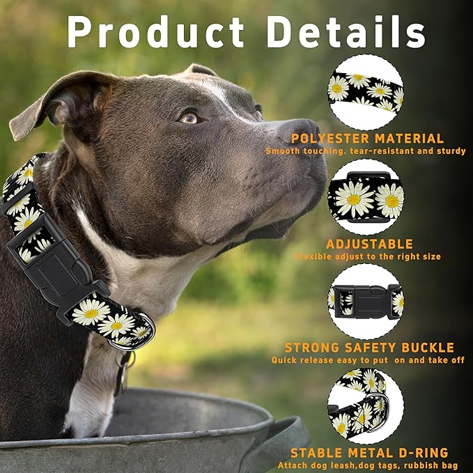 Dog Collar, Daisy Boys Girls Puppy Collar for Small Medium Large Dogs, Adjustable Soft Floral Pet Collar with Safety Buckle for Male Females(Black Daisy,XS)