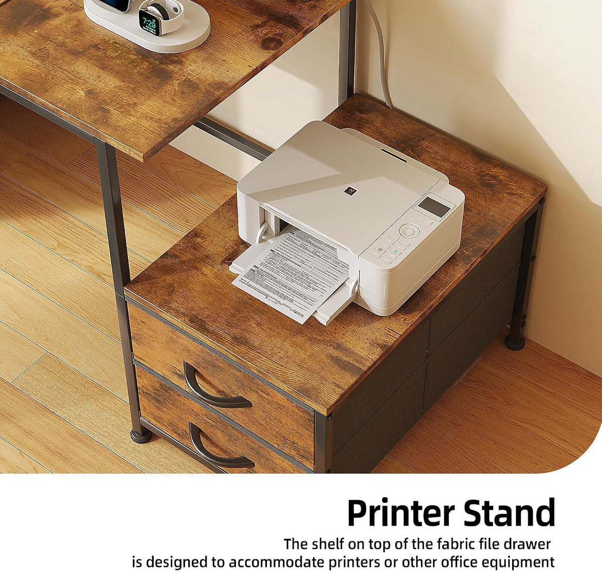 52 Inch Office Desk with 6 Drawers and Printer Space for Storage, Reversible Computer Desk with Monitor Stand & Power Outlets, Home Office Desks, Vintage Brown
