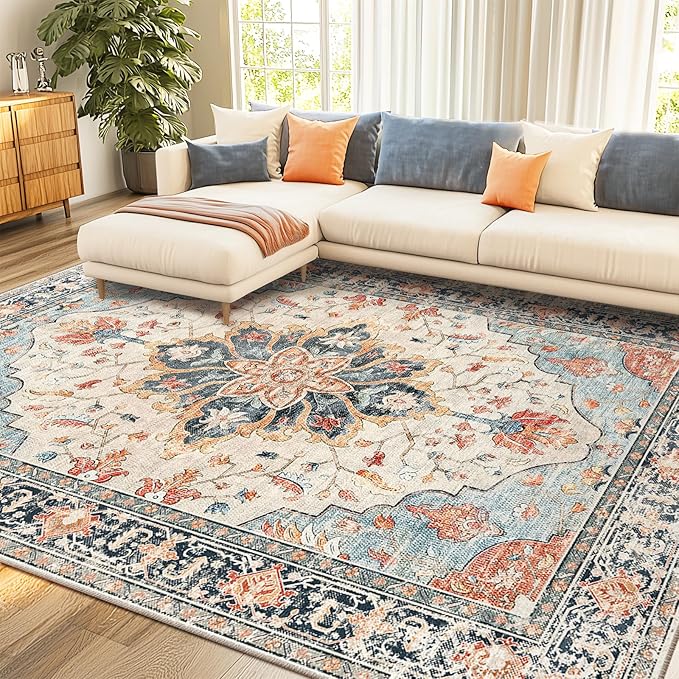 RELEANY Area Rugs 7'x10' Washable Non-Slip, Floral Vintage Distress Medallion