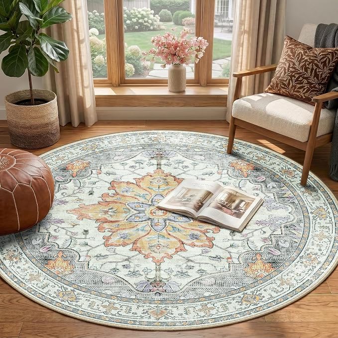 RELEANY Area Rugs Round 4ft Washable Non-Slip, Floral Vintage Distress