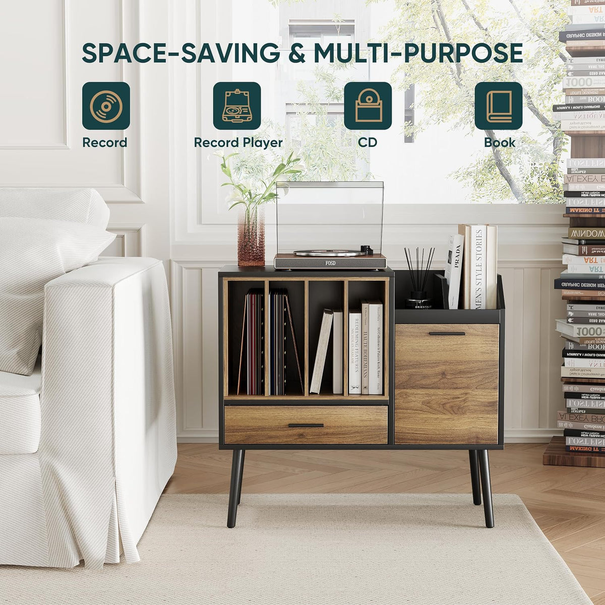 Semiocthome Record Player Stand with Nesting Vinyl Storage Crate, Record Player Table with a Drawer, a Cabinet, CDs Storage Area, Side End Table with Solid Wood Legs for Turntables for Living Room