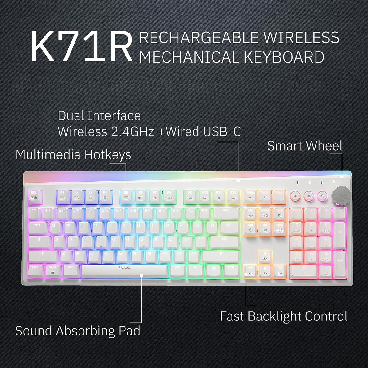 iRocks K71R Wireless RGB Mechanical Gaming Keyboard, Brown Switch, Backlit