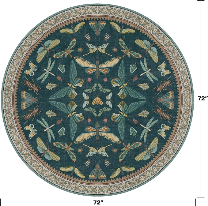 Washable Teal Round Rug 6ft, Non Slip Boho Carpet