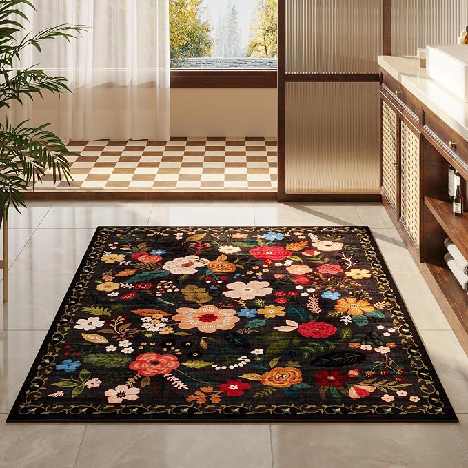 Rugcomf Area Rug 4x6 Rug Washable Boho Rugs Non Slip Low Pile Floral Small