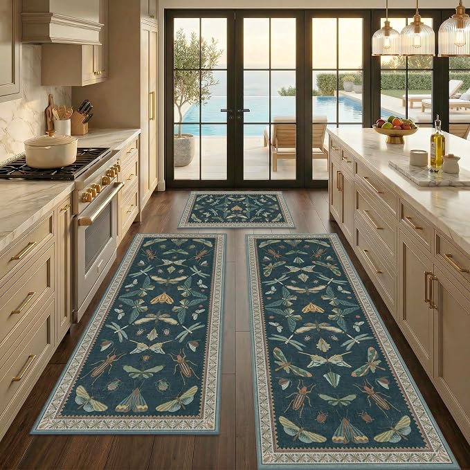 JTJ Botanical Insect Kitchen Rug Set of 3, Washable and Non-Slip Low Pile Floor