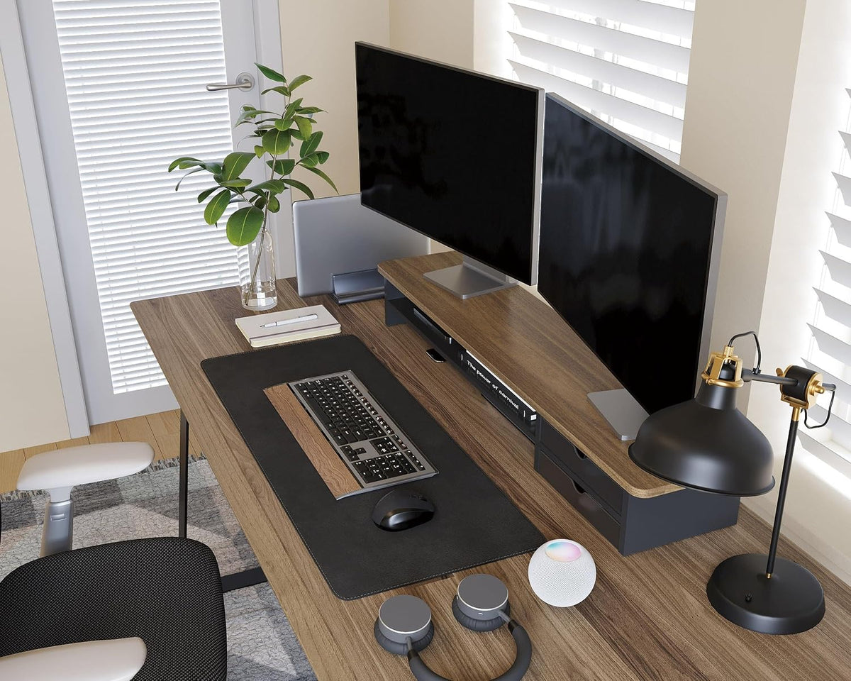 Fenge Monitor Stand, Desk Computer Riser with Frosted Storage Drawer, Brown