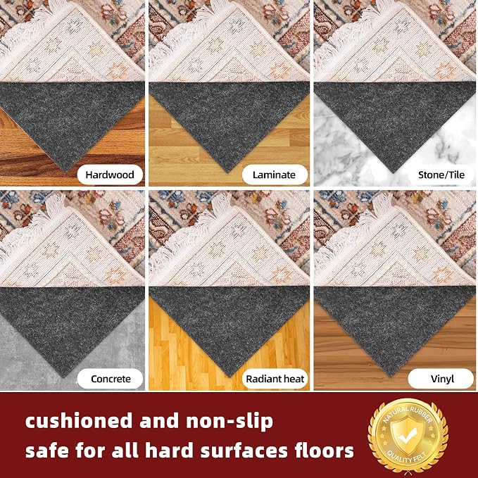 BAGAIL Felt and Natural Rubber Backing Rug Pads 1/8” Thick, 7.5 x 10 Ft Non
