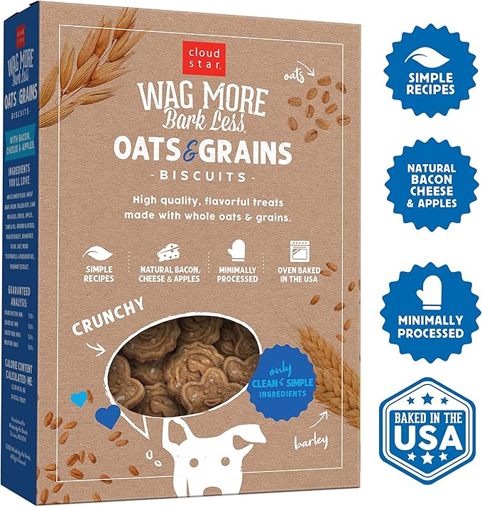 Cloud Star Wag More Bark Less Oats & Grains Crunchy Dog Treats, Bacon, Cheese & Apples, 16 oz. Box