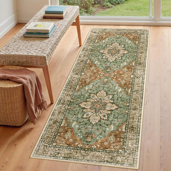 RELEANY Area Rugs Runner 3'x8' Washable Non-Slip, Floral Vintage Distress