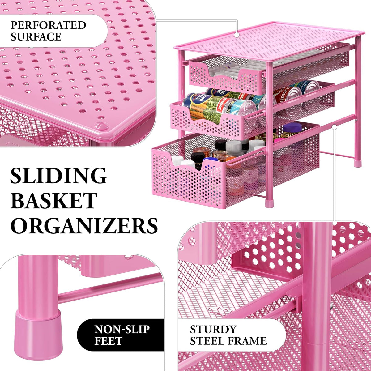 Simple Houseware Stackable 3 Tier Sliding Basket Organizer Drawer, Pink