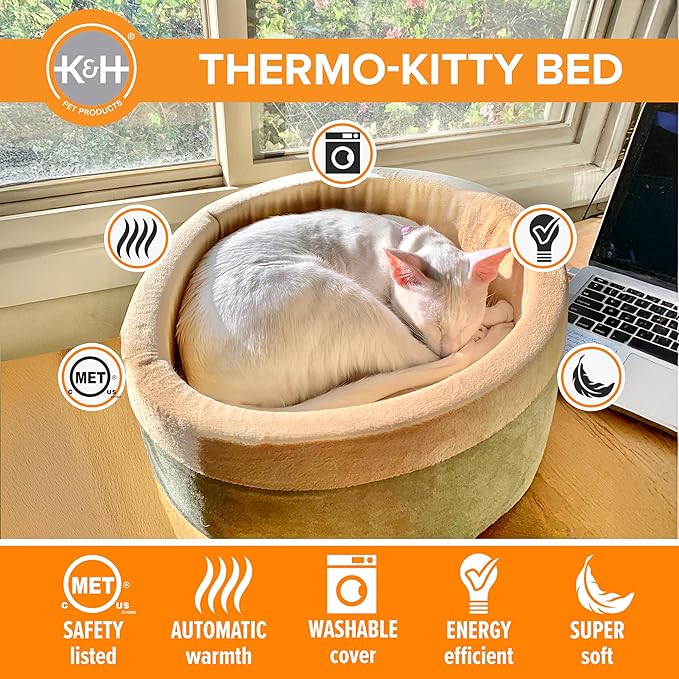 K&H Pet Products Heated Cat Bed for Indoor Cats, Dogs, and Pets - Round Walled Thermo-Kitty Bed with Removable Waterproof Cat Heating Pad, Machine Washable, MET Safety Listed - Small 16" Sage