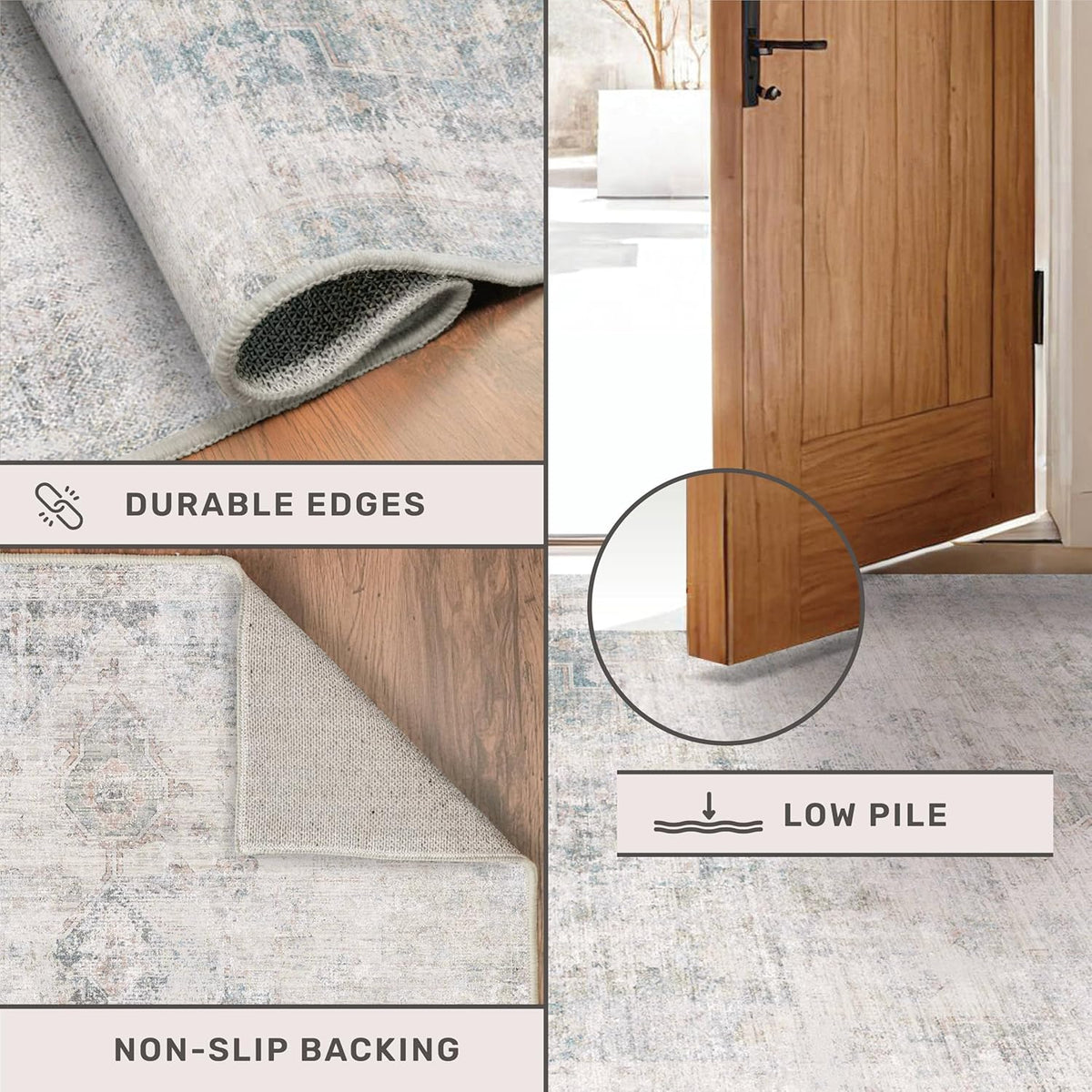 Low Pile Office Rugs for Rolling Chairs - 5x7 Abstract Rugs for Living Room, Large Entryway, Cream Slate Blue Decor, Non Slip with Rubber Backed & Stain Resistant, Distressed Design