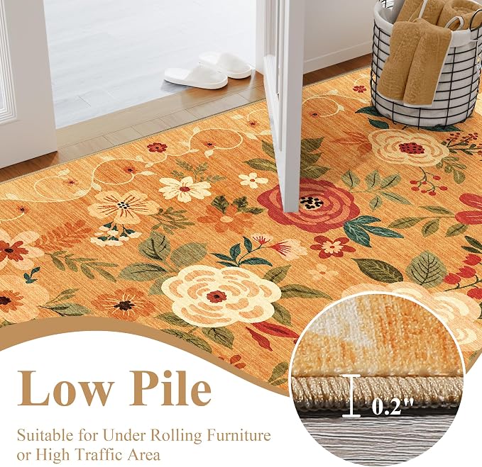 DUKINO 4x6 Area Rug, Lightweight Non Slip Washable Floral Rug, Indoor Low Pile