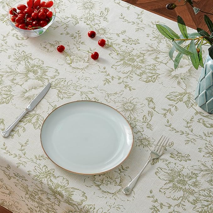 jinchan Green Floral Linen Blend Rectangle Table Cloth 52 x 70 Inch | Elegant
