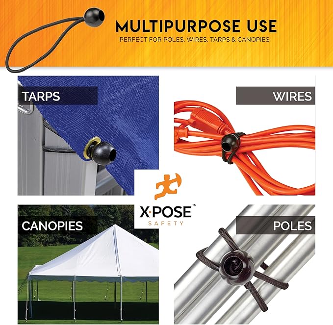 Xpose Safety Bungee Ball Cords 9" 100 Pack Heavy Duty Black Stretch Rope with Ball Ties for Canopies, Tarps, Walls, Cable Organization