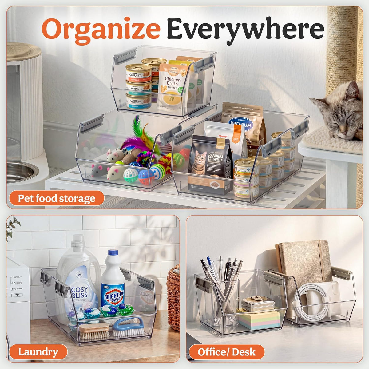 HOMESTEAD Set of 4 Stackable Storage Bins, 2 Large + 2 Small Clear Plastic Organizer Bins, Open Front Design for Kitchen Pantry, Fridge, Cabinet, Bathroom Organization and Snack Storage