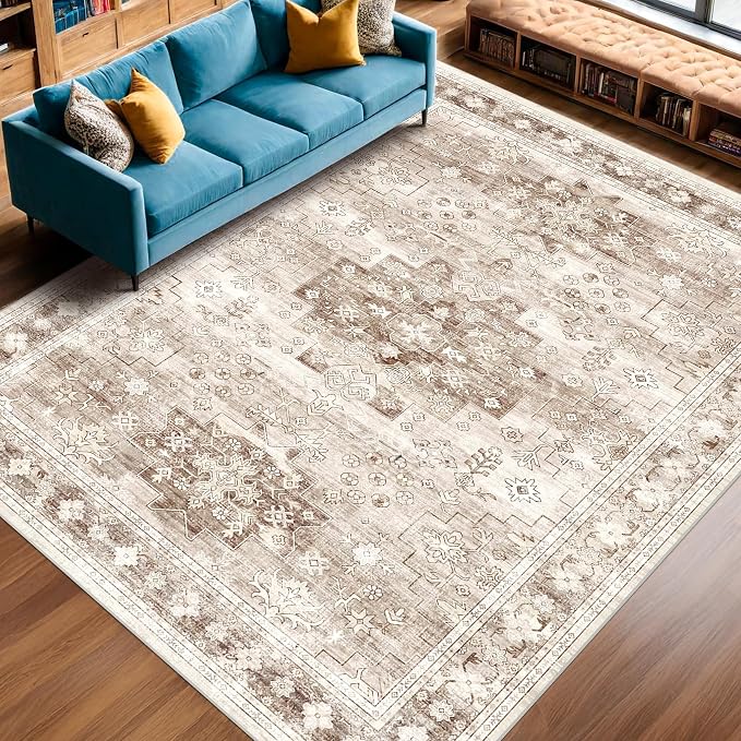 Hazo Haus Beige Farmhouse Washable 7x10 Area Rugs