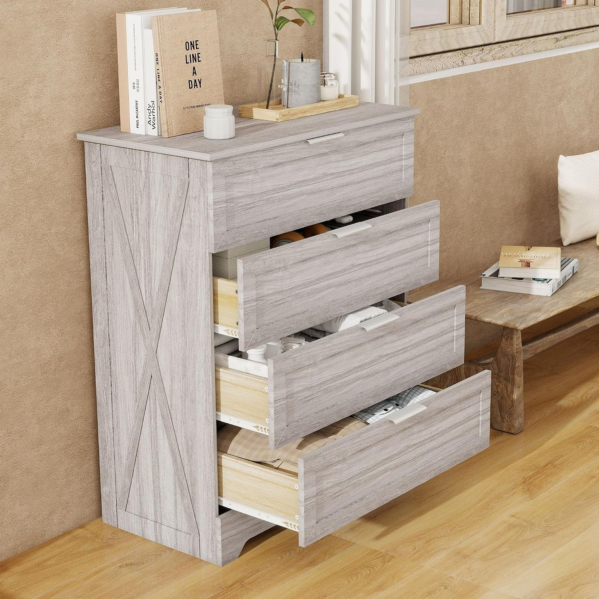 Farmhouse Dresser for Bedroom, 37’’ Tall Wood Chest of Drawers, Wash Grey