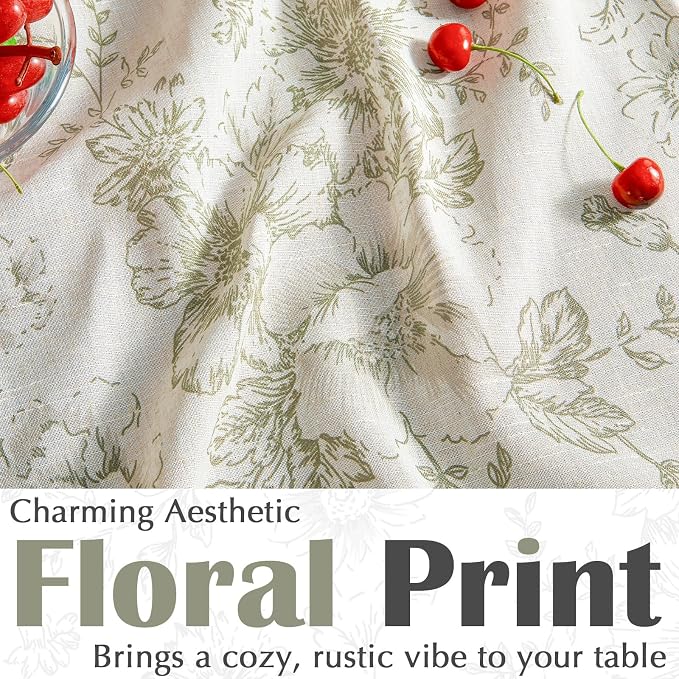 jinchan Green Floral Linen Blend Rectangle Table Cloth 52 x 70 Inch | Elegant