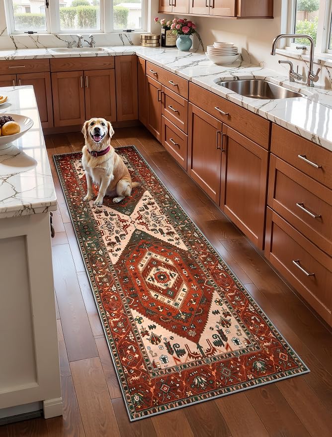 SERISSA Boho Washable Runner Rug, 2x6 Rug Runner Non-Slip Vintage Terracotta