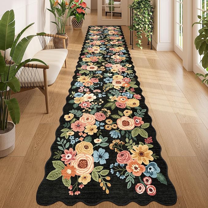 DUKINO 2.6x12 Runner Rug for Hallway, Non Slip Floral Washable Kitchen Rug
