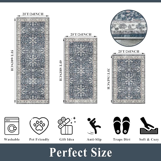 Kitchen Rug Sets 3 Piece Non Skid – Washable Small Kitchen Rugs and Runner Set