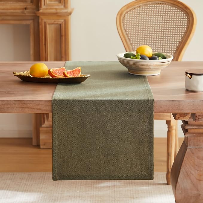 Rustic Cotton Linen Table Runner, 13x108 Inches Olive | Farmhouse Style Linen