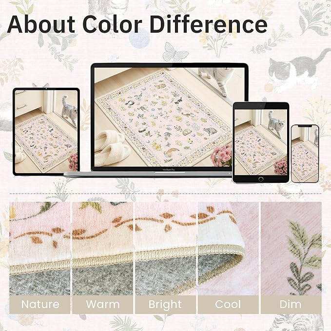 Soalmost Cat 3x5 Area Rugs for Entryway, Machine Washable Animal Floral Accent