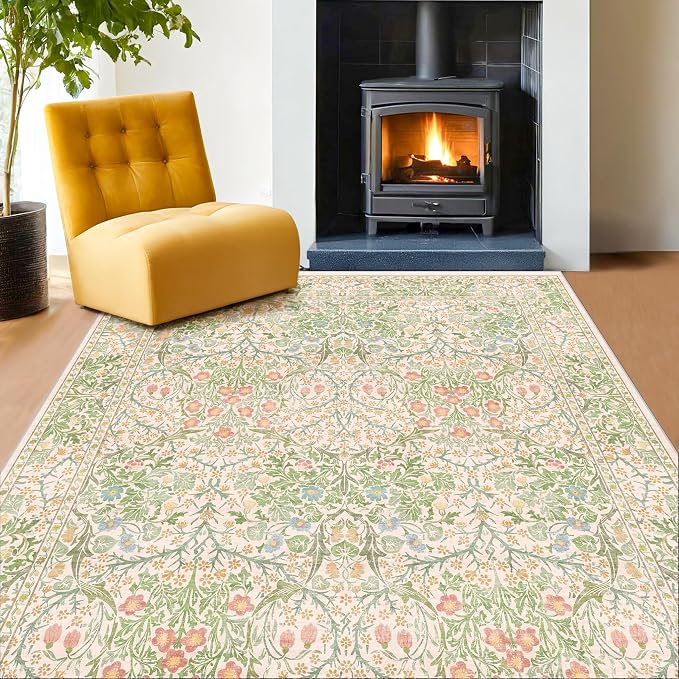 Hazo Haus Light Beige Green Floral Living Room Rug, 7x9 Washable Area Rug