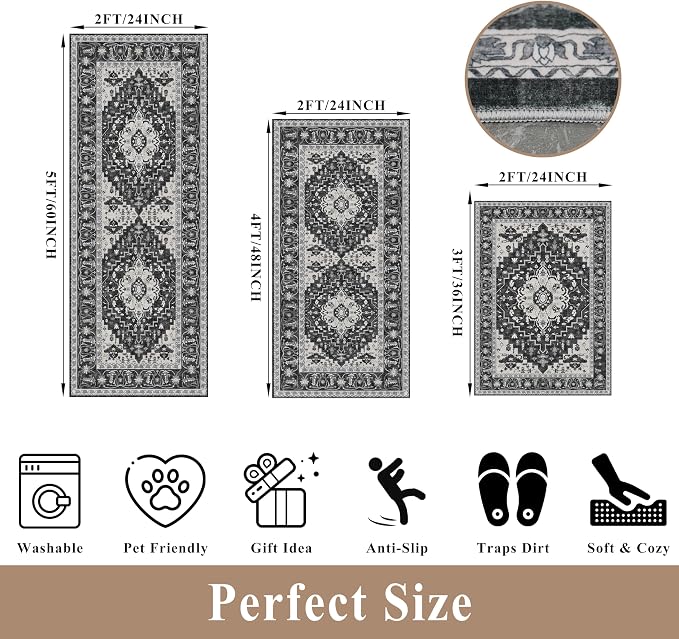 3-Piece Non-Slip Machine Washable Kitchen Rug Set