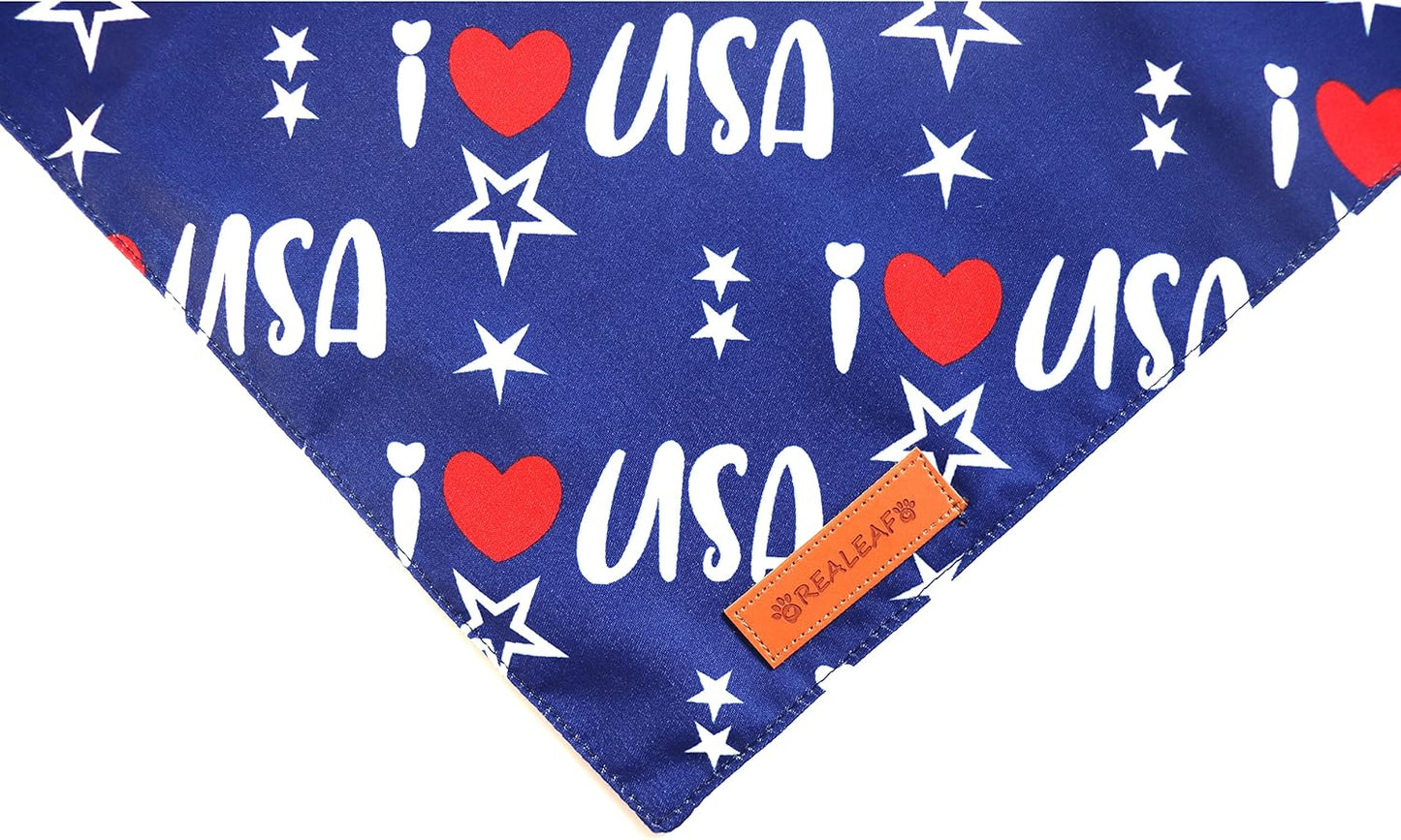 Realeaf 4th of July Dog Bandanas 2 Pack, Triangle Reversible American Flag Pet Patriotic Scarf for Boy and Girl, Premium Durable Fabric, USA Bandana for Large and Extra Large Dogs (X-Large)