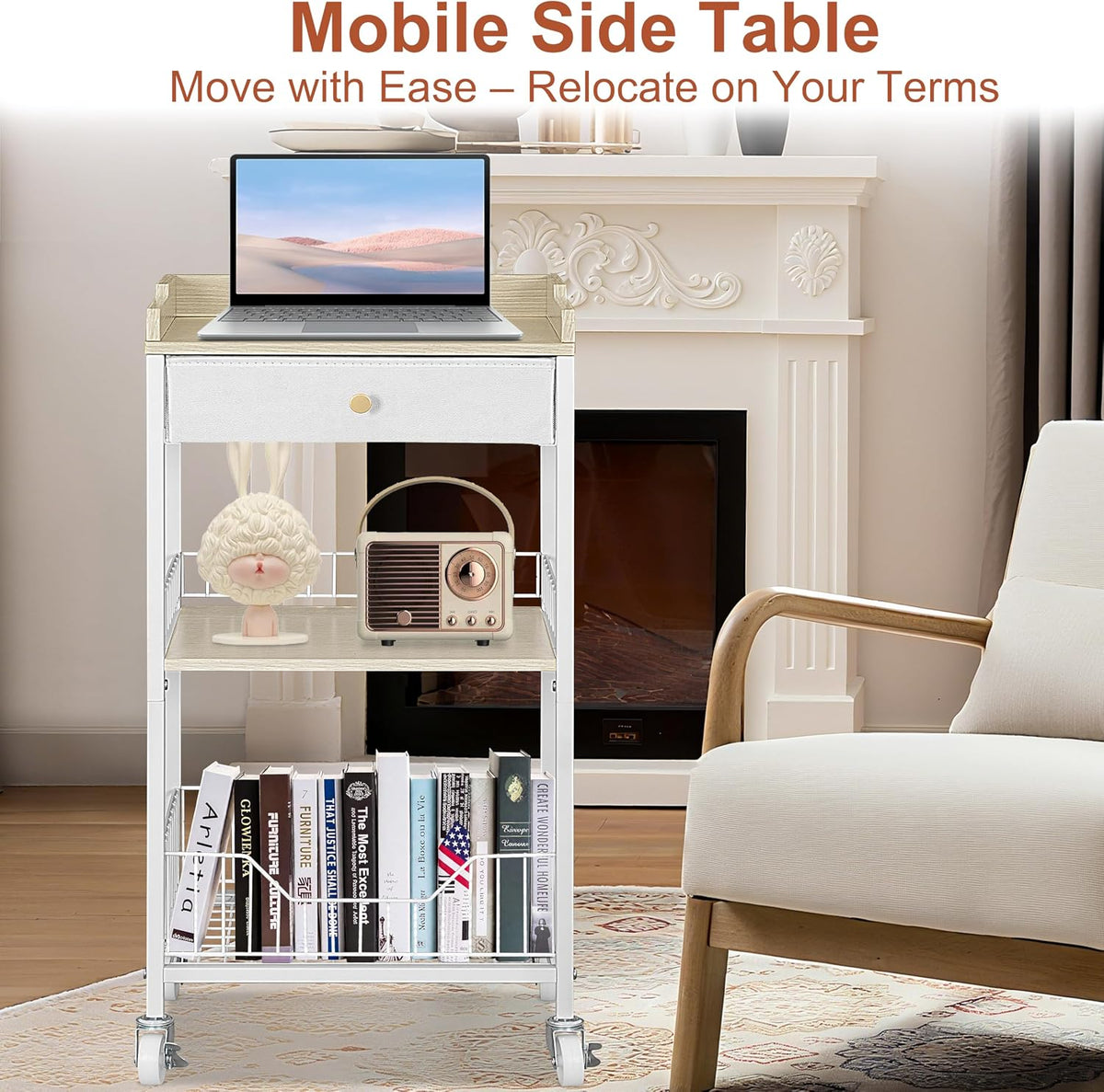 4-Tier Small Side Table with Wheels & Drawer, White & Natural