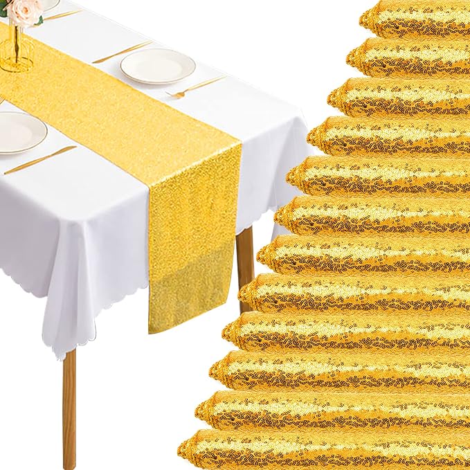 12 Packs 12 X 72 Inch Gold Sequin Table Runner Glitter Dining Table Runner