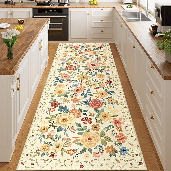 DUKINO 3x8 Washable Runner Rug, Non Slip Soft Floral Hallway Runner Rug