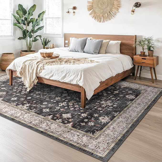 Black Boho Rug for Living Room 9x12