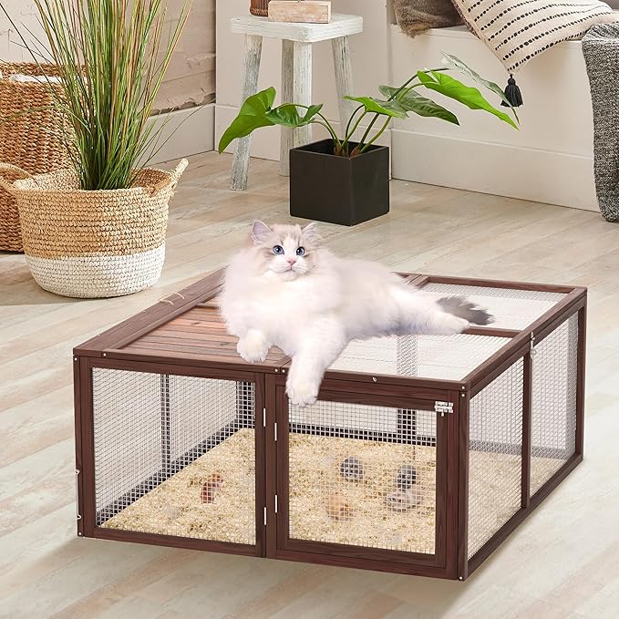 Portable Chicken Coop Run, Rabbit Hutch with Top & Side Opening Doors, Folding Wooden Rabbit Cage for Guinea Pigs, Bunny, Rabbit, Hedgehog, Small Animal Outdoor (Brown)
