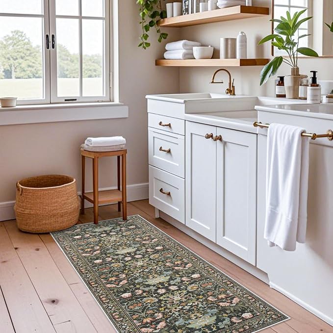 Hallway 2x5 Washable Runner Rug: Oriental Floral Stain Resistant Rug