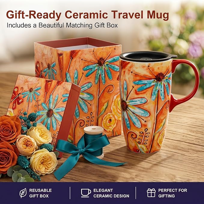 Topadorn 17 oz Ceramic Travel Mug, Colorful Floral Coffee Mug