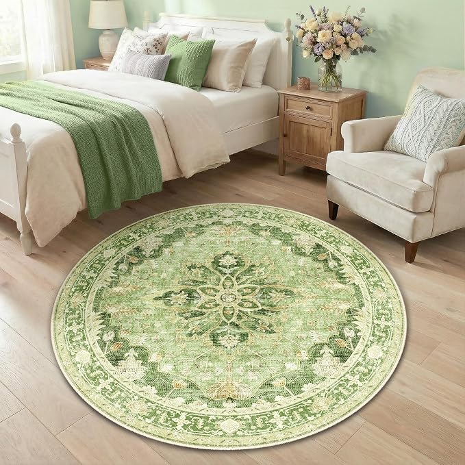 RELEANY Area Rugs Round 4ft Washable Non-Slip, Floral Vintage Distress