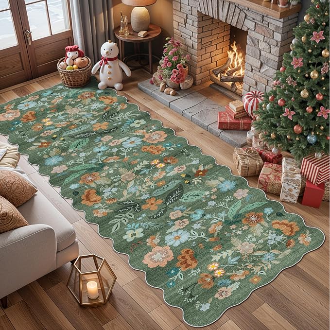 Washable 3x10 Hallway Runner Rug: Floral Scalloped Soft Runners