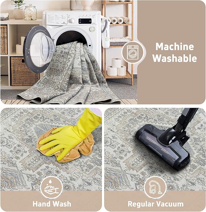 Machine Washable Area Rugs 9x12 Living Room Retro Rugs- Ultra Soft Low Pile