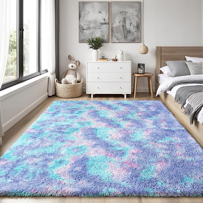 Rainbow Fluffy Rugs for Girls Bedroom: 5x7 Large Shag High Pile Area Rug