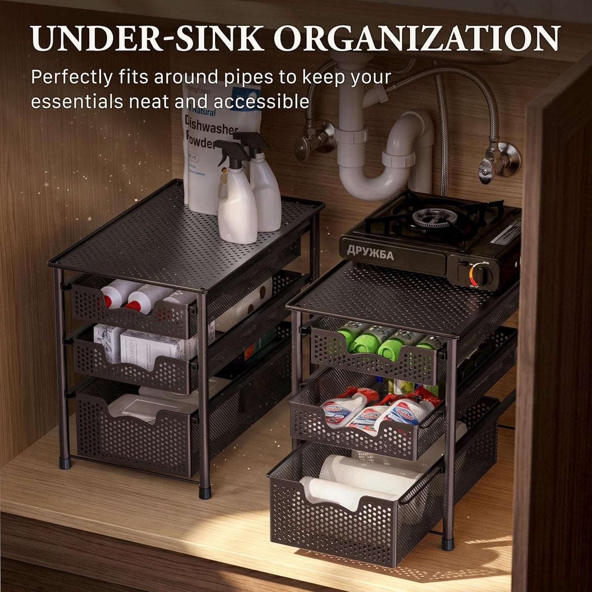 Simple Houseware Stackable 3 Tier Sliding Basket Organizer Drawer, Bronze