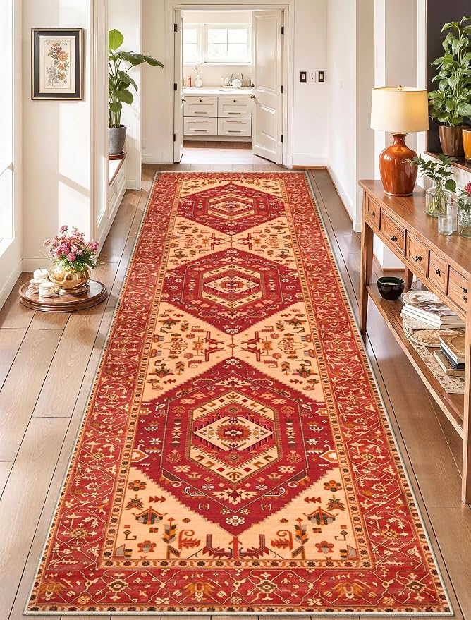 SERISSA Runner Rug for Hallways, Long Boho Rug Vintage Red Hallway Stair Ultra