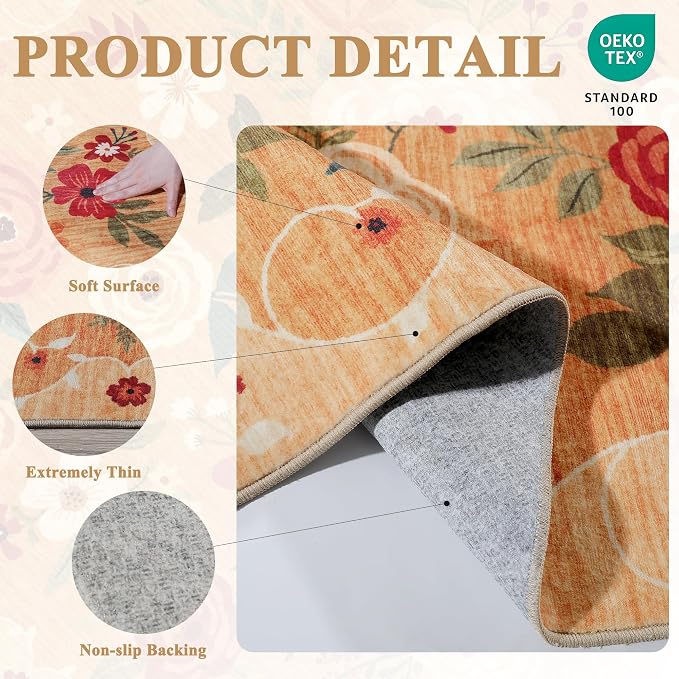 DUKINO 2.6x12 Kitchen Runner Rug, Lightweight Floral Washable Rug